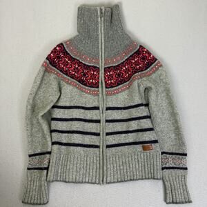 Peak Performance Womens Wool Sweater L Gray Nordic Pattern Zip Neck